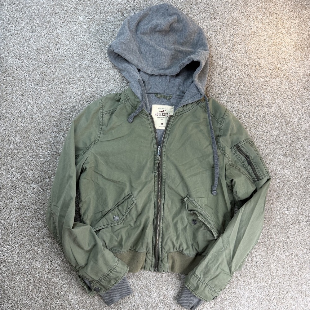 Hollister Jacket Womens Medium Green Hooded Bomber Canvas Full Zip Lined Casual